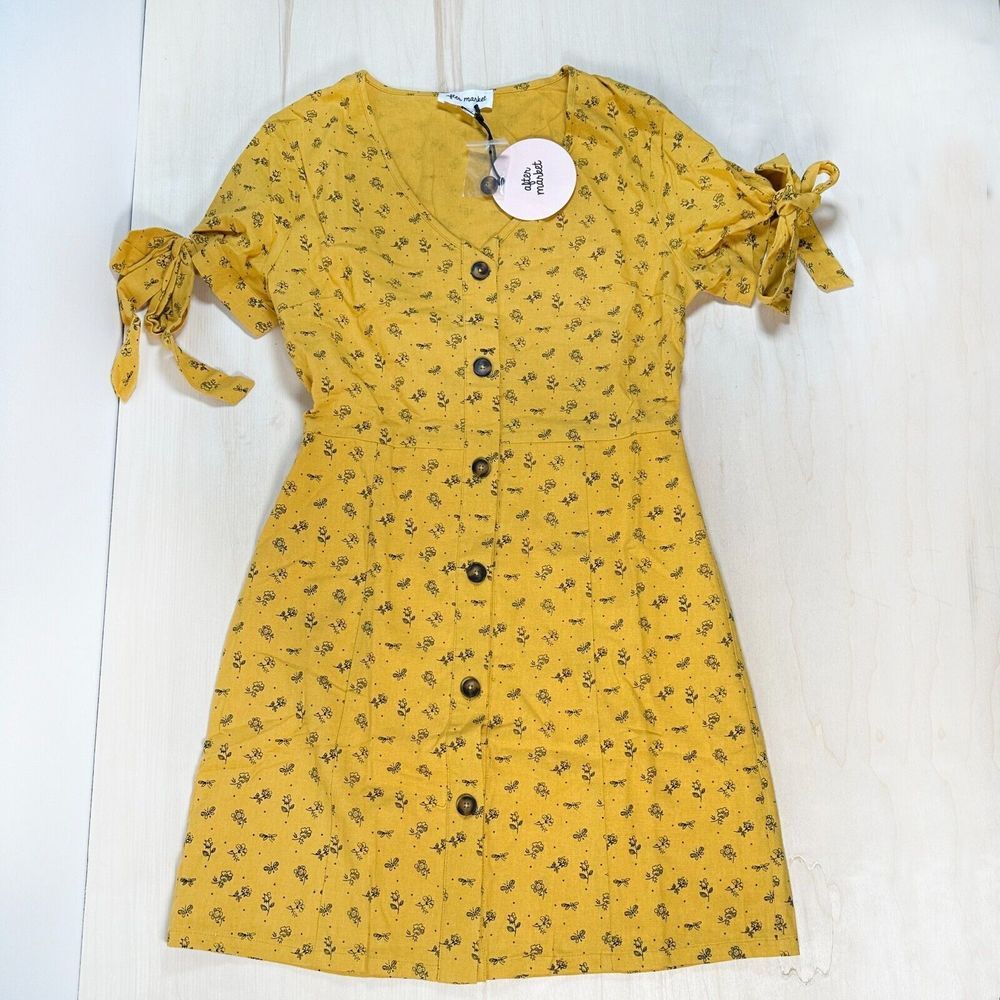 NWT After Market‎ Yellow Dress Bees 100% Cotton S Honey Flowers